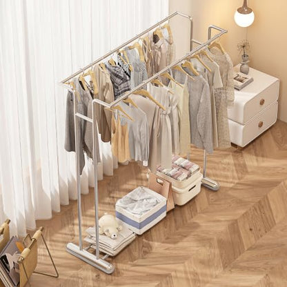 59.4" Double Rod Garment Rack, Metal Heavy Duty Freestanding Clothing Rack with Bottom Shelf, Modern Sturdy Clothes Racks for Bedroom, Boutique Retail Display & Laundry Room, Silver - color: silver