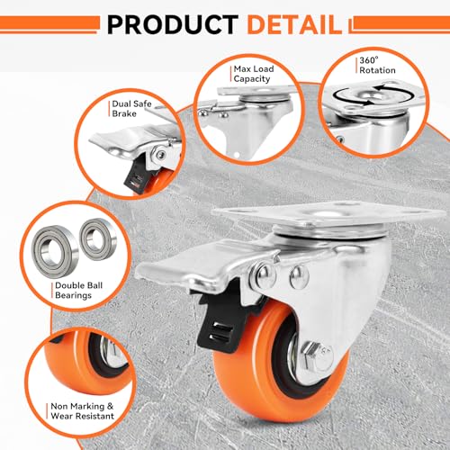 W B D WEIBIDA 2" Plate Caster Wheels Heavy Duty 600 Lbs Load Capacity Swivel Casters with Brake Set of 4, Safety Dual Locking, No Noise Wheels for Furniture, Carts (Screws and Screwdriver) - size: 2 INCH