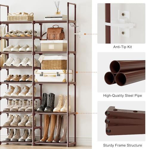 WOWLIVE 9 Tier 2-Column Shoe Rack, 30-35 Pairs Stackable Brown - color: Brown, size: 2 Row 9 Tier