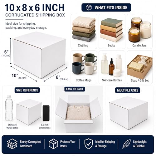 10x8x6 White Shipping Boxes, 25 Pack - size: 10x8x6 Inch