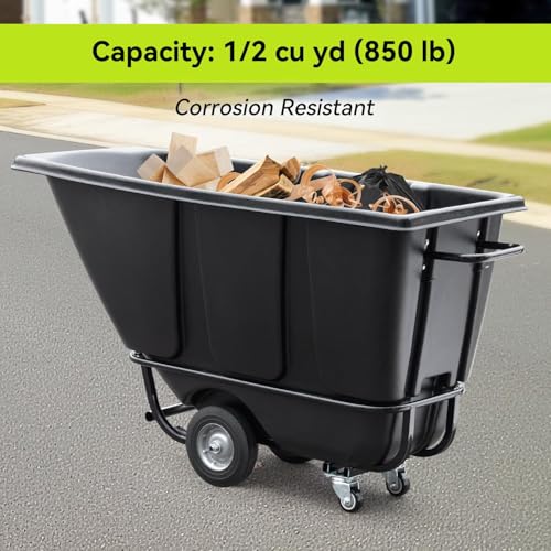 Tilt Dump Truck 850 lbs Capacity, 1/2 Cu.Yd Heavy Duty Trash Cart with Wheels, Forklift-Able Frame, Plastic Utility Dump Cart for Construction, Warehouse & Industrial Use (6-Pack) - size: 6PC