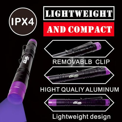 Black Light, 365nm UV Flashlight, Portable LED Flashlight, Mini Light for Pet Urine Detection, Handheld UV Flashlight for Resin Pet Urine Nails Money Pack of 2
