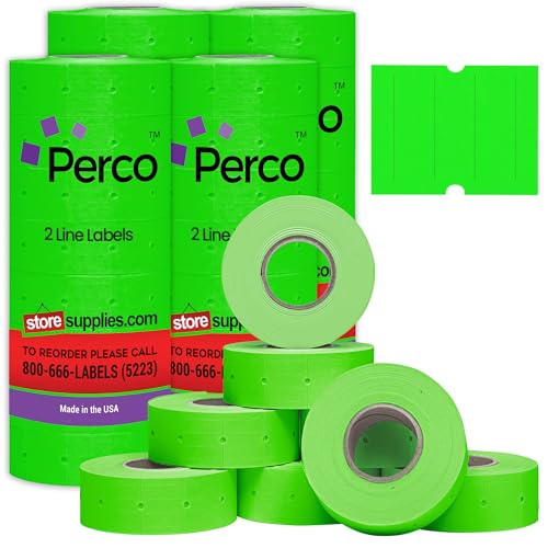 Perco 2 Line Fluorescent Green Labels - 24,000 Blank Price and Date Gun Labels for Perco 2 Line Price and Date Guns - 32 Rolls, 4 Sleeves - Made in USA - color: Fluorescent Green, size: 4 Sleeves