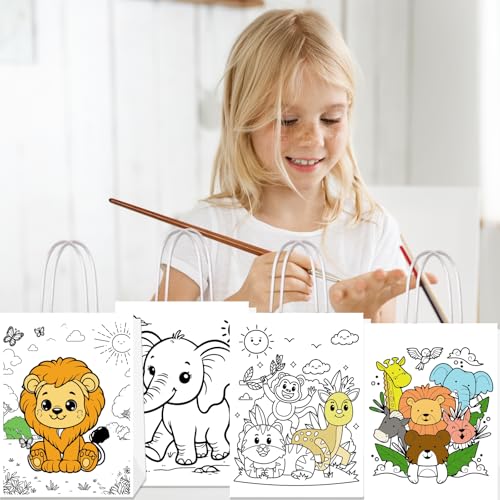 Lyosehy 24Pack Jungle Animal Coloring Paper Bags Color Your Own Animal Bags with Handles Safari Paper Coloring Crafts Art Painting Party Favors Supplies Gifts Wrapping