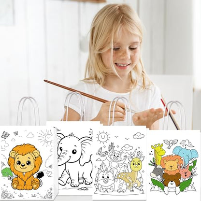 Lyosehy 24Pack Jungle Animal Coloring Paper Bags Color Your Own Animal Bags with Handles Safari Paper Coloring Crafts Art Painting Party Favors Supplies Gifts Wrapping