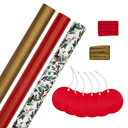 Hallmark Christmas Gifting Compendium, 3 Pack Wrapping Paper, 2M Each, 6 Gift Tags, 2 Raffia Ribbons, Festive Designs, Red, Gold Compendium Pack