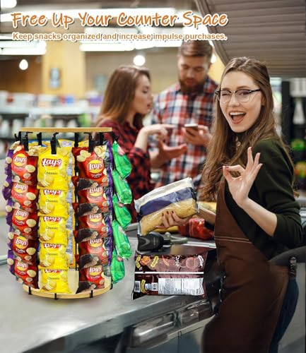 Chip Rack Display Stand, 5 Tier 40 Clips Display Stand, Rotating - color: Light Wood- 2025 Upgraded