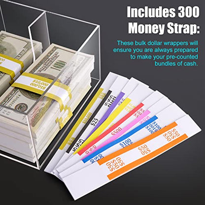 Clear Cash Tray With 300 Currency Wrappers, Acrylic Money Organizer Storage Change Box Case - 5 Compartments