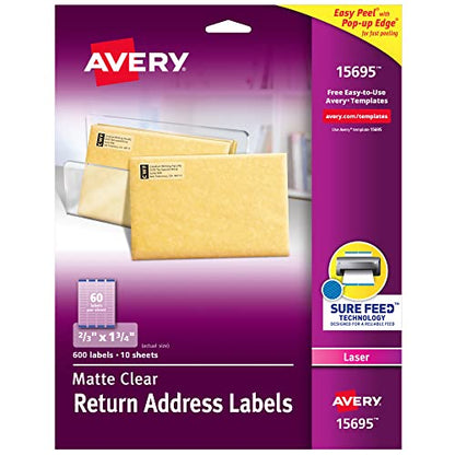 Avery Printable Return Address Labels, Sure Feed Technology, 2/3" x 1-3/4", Matte Clear, 600 Blank Mailing Labels (15695) - size: 2/3" x 1 3/4"