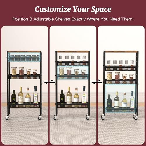 Slim Rolling Cart, 4-Tier Narrow Kitchen Storage Cart, Slim Utility Cart on Wheel, Skinny Bathroom storage cart with Wood Tabletop, 6.0" Deep, For Kitchen, Dining Room, Living Room, Laundry Room - color: Rustic Brown