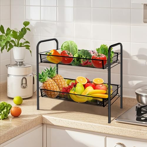 CVHOMEDECO. 2 Tier Fruit Basket Large Capacity Rectangular Metal Fruit Bowl Detachable Metal Fruit Stands Organizer for Kitchen Counter, Bread, Vegetable, Snack and Fruits. Black - color: Black 2 Tier