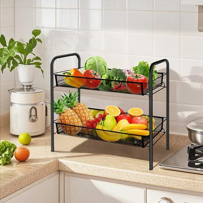 CVHOMEDECO. 2 Tier Fruit Basket Large Capacity Rectangular Metal Fruit Bowl Detachable Metal Fruit Stands Organizer for Kitchen Counter, Bread, Vegetable, Snack and Fruits. Black - color: Black 2 Tier