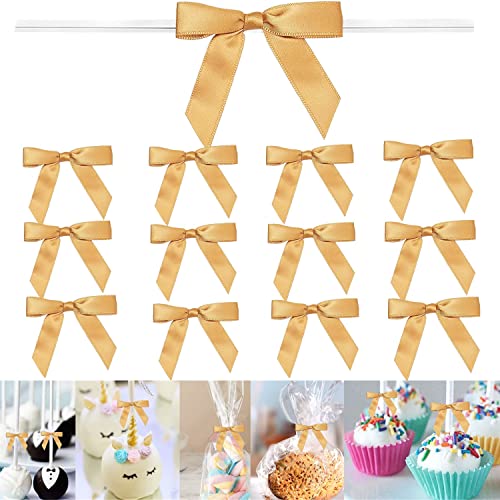 100 PCS 3 Inches Satin Bow Twist Ties, Ribbon Twist Tie Bows for Treat Bags, Gold Pretied Tied Bows with Wire for Bags, Pre Tied Ribbon Bow for Baby Shower Favors Popcorn By GUIFIER - color: Gold, size: 100 Pack