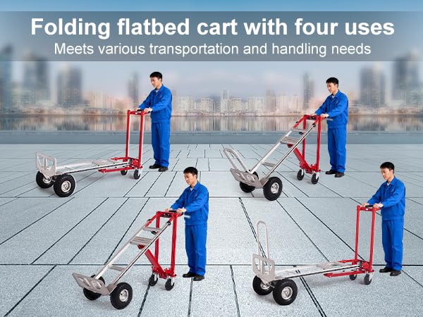 Folding Hand Truck Dolly, 4 in 1 Aluminum Dolly Heavy Duty with Rubber Handle, Folding Truck 770LB Capacity Weigth, Non-Slip Wheels, for Garage, Warehouse, Outdoor Delivery