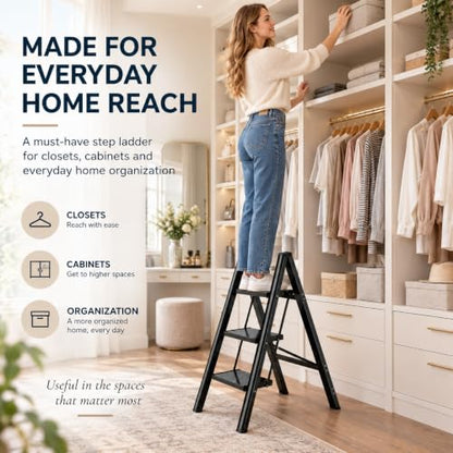 HISMOCAL 3 Step Ladder, Aluminum Folding Step Stool for Closet, Black - color: Black, size: 3 Step