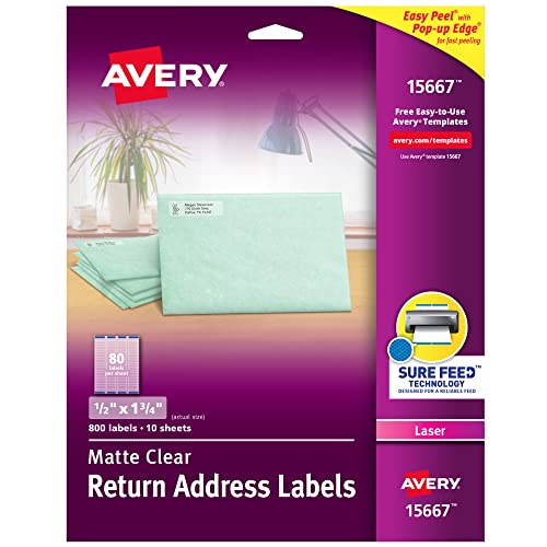 Avery® Printable Return Address Labels, Sure Feed® Technology, 0.5" x 1.75", Matte Clear, 800 Blank Mailing Labels (15667) - size: 1/2 inch × 1-3/4 inch (Single Pack), style: 800 labels