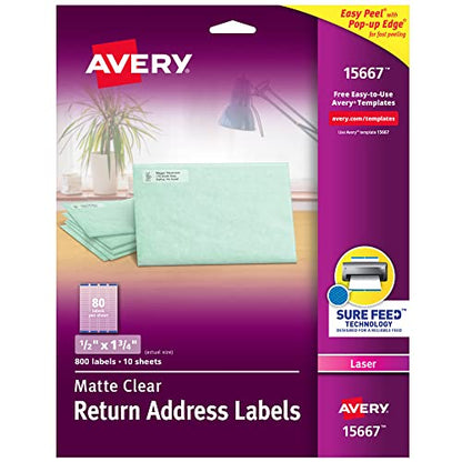 Avery® Printable Return Address Labels, Sure Feed® Technology, 0.5" x 1.75", Matte Clear, 800 Blank Mailing Labels (15667) - size: 1/2 inch × 1-3/4 inch (Single Pack), style: 800 labels
