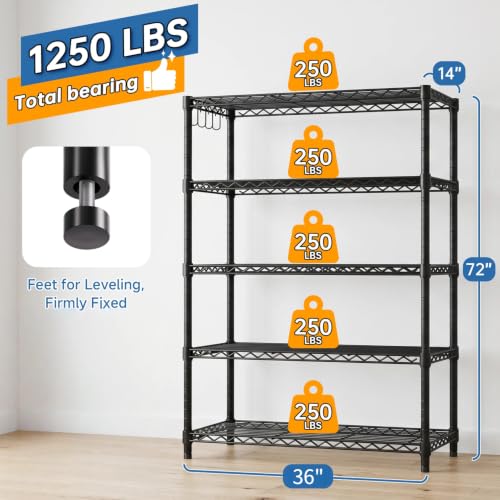 5 Tier Wire Metal Shelving, 72"H Pantry Storage Shelves, 1250 LBS - size: 36"W x 14"D x 72"H
