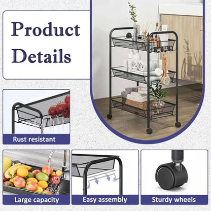 3 Tier Metal Rolling Storage Cart Movable, with Wheels, Black - color: Black
