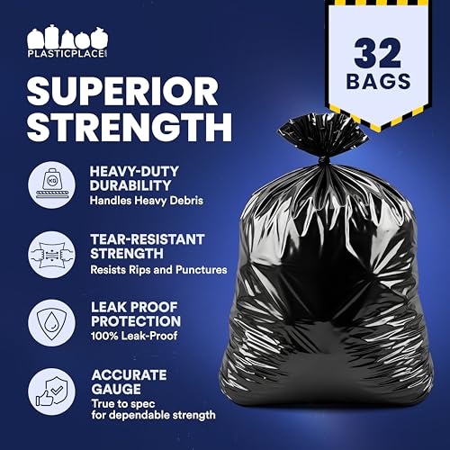 Plasticplace Contractor Trash Bags 55-60 Gallon │ 3.0 Mil │ Black Heavy Duty Garbage Bag │ 38” x 58” (32 Count) - color: Black, size: 1 Count (Pack of 32)