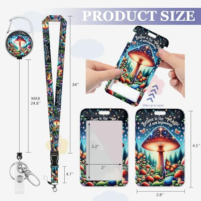 Magical Mushroom ID Badge Holder with Lanyard and Retractable Badge Reel - color: Magical Mushroom
