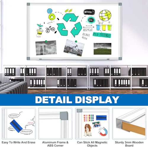Max-officoo White Board Dry Erase Whiteboard for Wall 72" x 48" Aluminum Presentation Magnetic Whiteboards with 4 Hooks, 12 Magnets, 3 Markers & 1 Eraser - size: 72"x48"