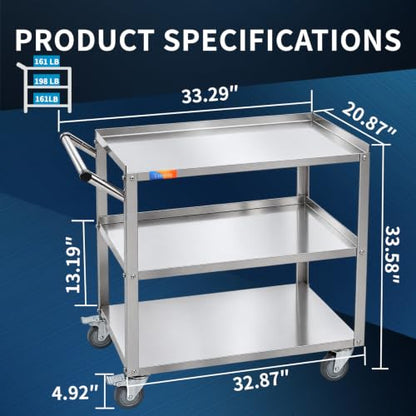 Treshin 3 Tier Stainless Steel Utility Cart, 21" W x 32.87" L x 33.58" H - color: 3 Tier Utility Cart, size: 21"W x 32.87"L x 33.58"H