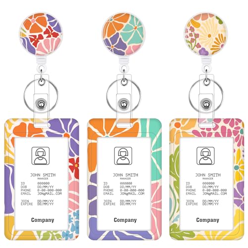 3 Pack Floral Retractable Badge Holders with Vertical Id Card Holders - color: Bloom