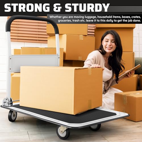 Heavy Duty Foldable Push Cart Dolly | 660 lbs. Capacity | Upgraded Collapsible Hand Truck Folding Platform with Swivel Wheels | Flat Bed Moving Wagon | Space Saving Push Handle (White) - color: White, 660 Lbs. Capacity