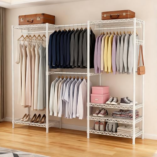 Heavy Duty Clothing Rack with Adjustable Shelves Clothes Wardrobe - color: White