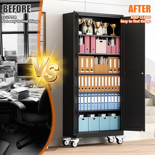 pozdeg 75" Black Lockable Rolling Metal Garage Storage Cabinet - color: Black, size: 15.75"D x 31.5"W x 75"H