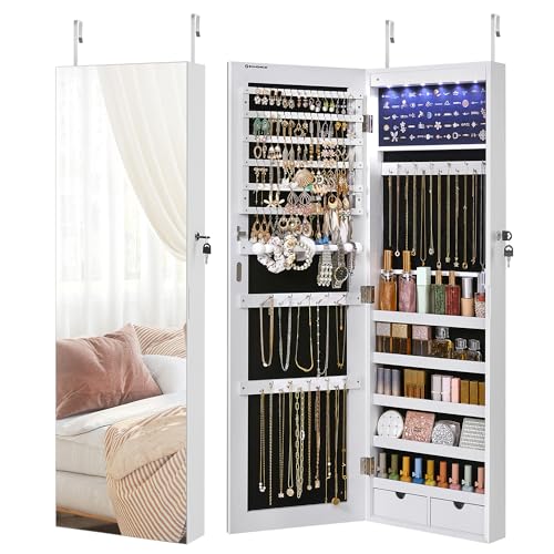 SONGMICS Mirror Jewelry Cabinet Armoire, Wall or Door Mounted, Lockable - color: White, style: 42.5-Inch with LED Lights
