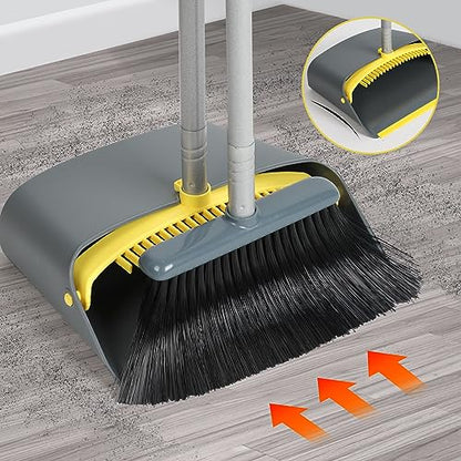 Long Handled Dustpan and Brush, Broom and Dustpan Set, Household Dust pan Combo with 54 Inch Handle for Indoor Outdoor Household Cleaning and Sweeping (Yellow) - color: Yellow