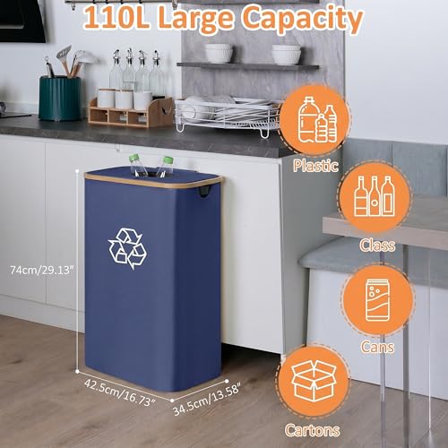 iEGrow 110L Recycling Bins for Kitchen,29Gal Recycle Bins with Lid,Blue - color: Blue, size: 29 Gallons - No Wheels
