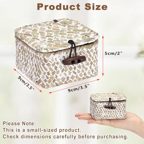 Hipiwe Handwoen Seagrass Basket with Lid Mini Woven Wicker Box,3.5"x3.5"x2" - color: Whitewash color, size: 3.5" x 3.5" x 2"