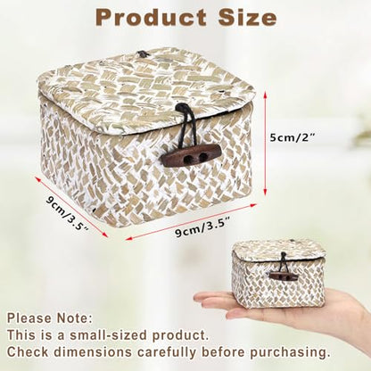 Hipiwe Handwoen Seagrass Basket with Lid Mini Woven Wicker Box,3.5"x3.5"x2" - color: Whitewash color, size: 3.5" x 3.5" x 2"