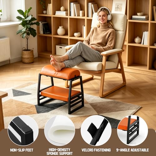 Under Desk Iron FootRest,Adjustable 9-Position Ergonomic Foot Stool-Orange - color: Orange