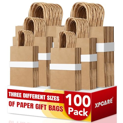 XPCARE Brown Paper Bags with Handles, 100PCS 3 Different Sizes of Gift Bags - color: brown, size: 1 Count (Pack of 100)