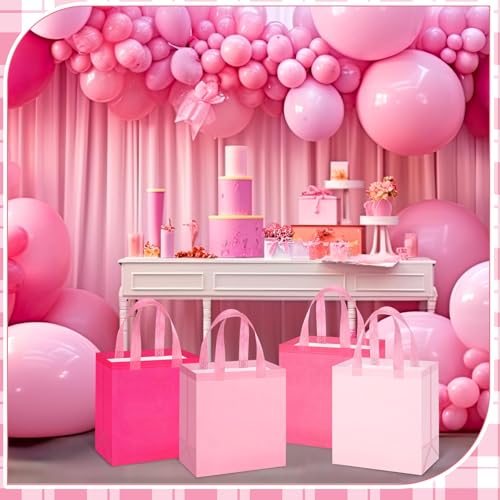 Sweetude 16 Pcs Pink Gift Bags, Reusable Non-woven Tote with Handles - color: Pink