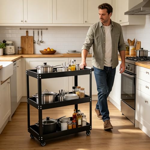 3-Tier Utility Cart, 330 Lbs Load Capacity, Heavy Duty Rolling Tool Cart with Wheels, Black Steel Service Cart for Workshop and Garage Storage