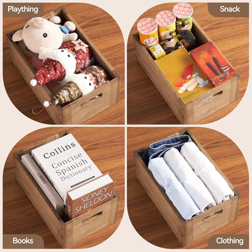 KIRIGEN Stackable Wood Storage Cube with Handles, Open Cubby Bin, Brown - color: Dark Brown, size: M/14.2*9.1*6(C15)