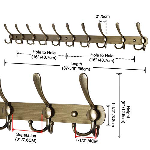 Dseap Coat Rack Wall Mount - 38” Long 10-Tri-Hooks Heavy Duty Coat Hanger Rail Wall Hooks for Hanging Coats Hats Clothing Clothes Purse Mudroom Entryway, Bronze - color: Bronze, size: L=38” (1 Pcs)