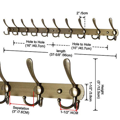 Dseap Coat Rack Wall Mount - 38” Long 10-Tri-Hooks Heavy Duty Coat Hanger Rail Wall Hooks for Hanging Coats Hats Clothing Clothes Purse Mudroom Entryway, Bronze - color: Bronze, size: L=38” (1 Pcs)