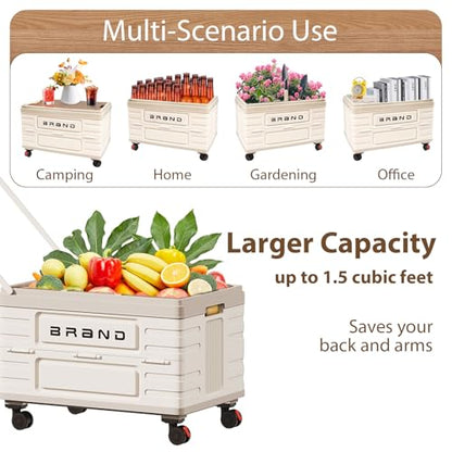 Folding Utility Cart Portable Rolling Crate Handcart Shopping Trolley Collapsible Tool Box with Wooden Lid, Basket on 4 Rotate Wheels, for Grocery, Office, Luggage, Teacher, Travel (White)