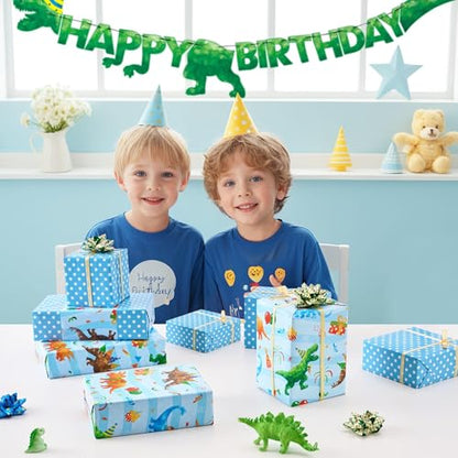 WERNNSAI Dinosaur Reversible Wrapping Paper Birthday Boy, 33 ft Blue Dino - color: Dinosaur C