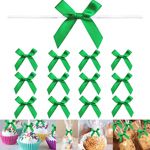 100 Pieces 3 inch Satin Ribbon Twist Tie Bows, Pretied Bows with Twist Ties Treats Bags, Bow Ties for Treats, Cake Pops, Baby Shower, Crafts, Gift Wrapping Favors, Cookies (Green) - color: Green, size: 100 Pack