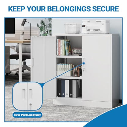 Metal Storage Cabinet,36" Locking Cabinet with 2 Adjustable Shelves - color: White, size: 36"H×32"W×16"D