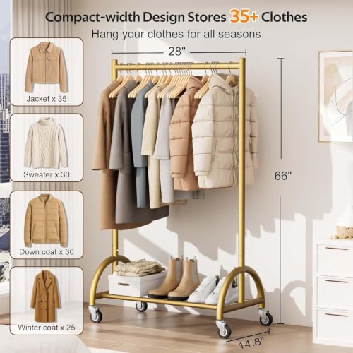MISSLO Heavy Duty Clothing Rack with Wheels Rolling Clothes Racks for Hanging Clothes, Coats, Garment, Dress, Gold, 28" W - color: Gold, size: 28"W x 14.8"D x 66"H (Small)