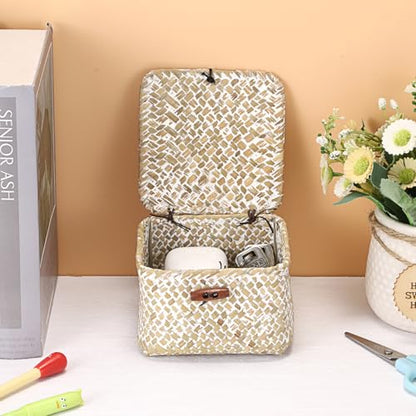 Hipiwe Handwoen Seagrass Basket with Lid Mini Woven Wicker Box,3.5"x3.5"x2" - color: Whitewash color, size: 3.5" x 3.5" x 2"