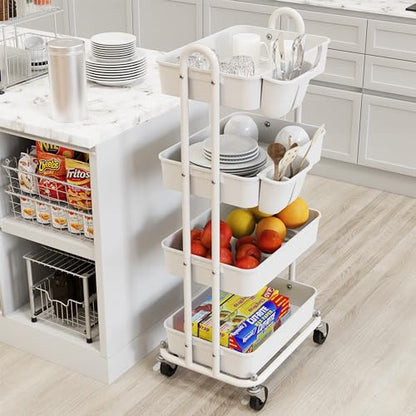 Simple Houseware 4-Tier Rolling Utility Cart with Hanging Bucket, White - color: White, size: 4-Tier